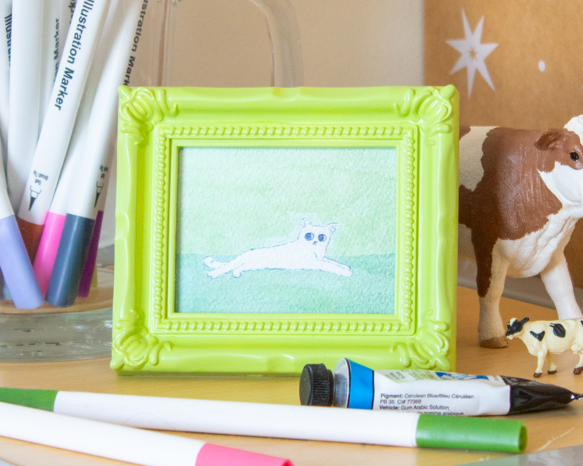 Green Cat Mini Watercolor Print