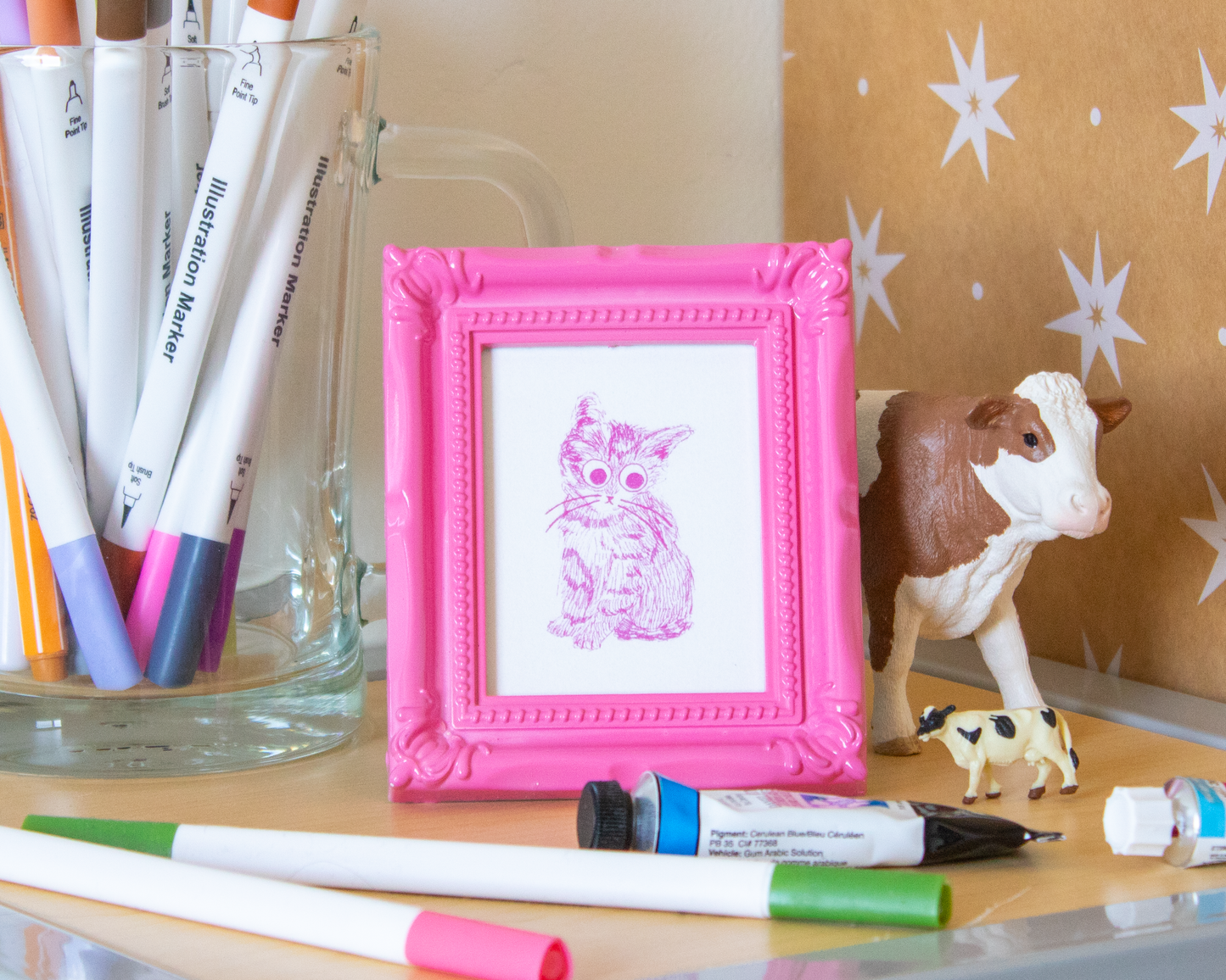 Scared Pink Cat Mini Art Print