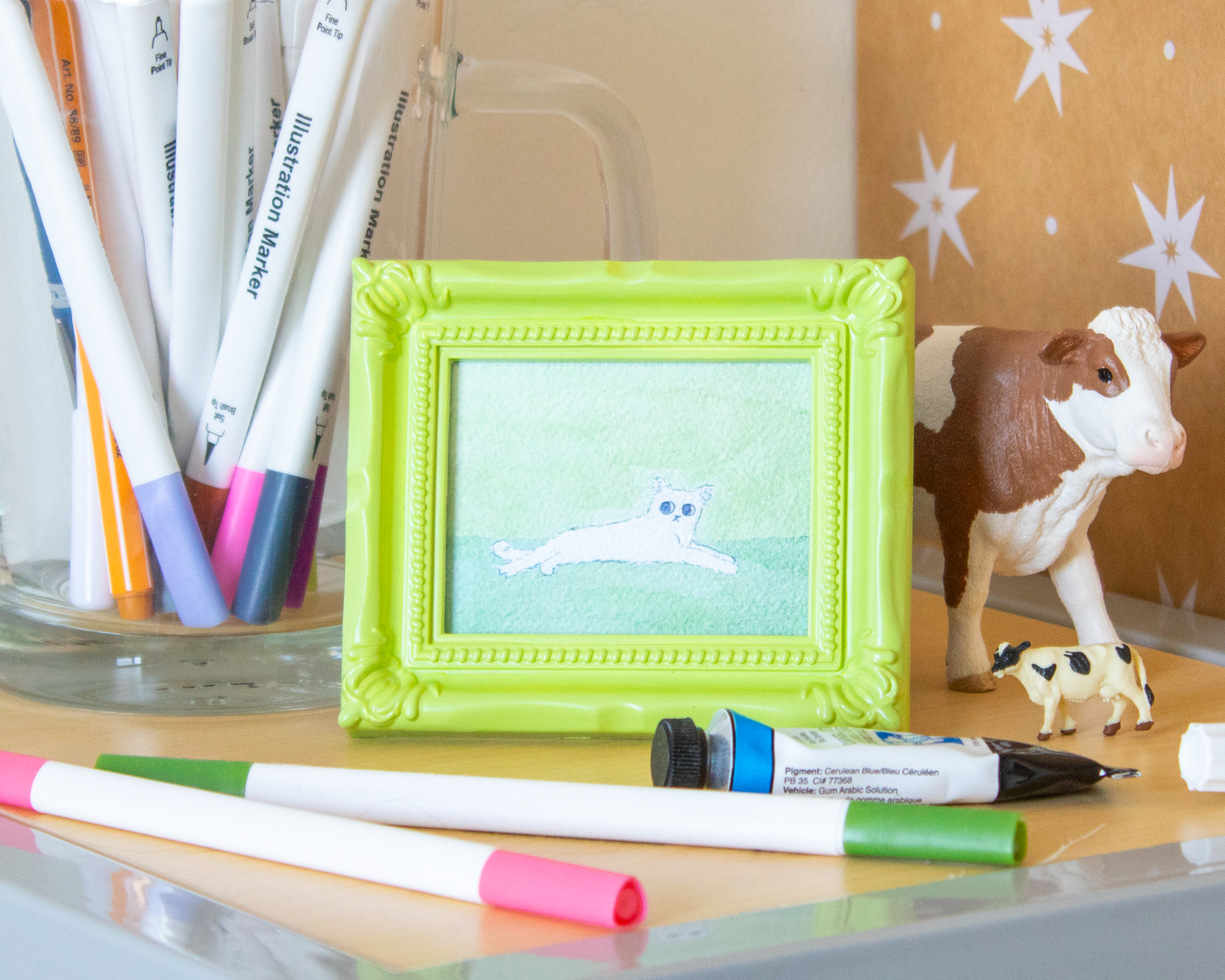 Green Cat Mini Watercolor Print